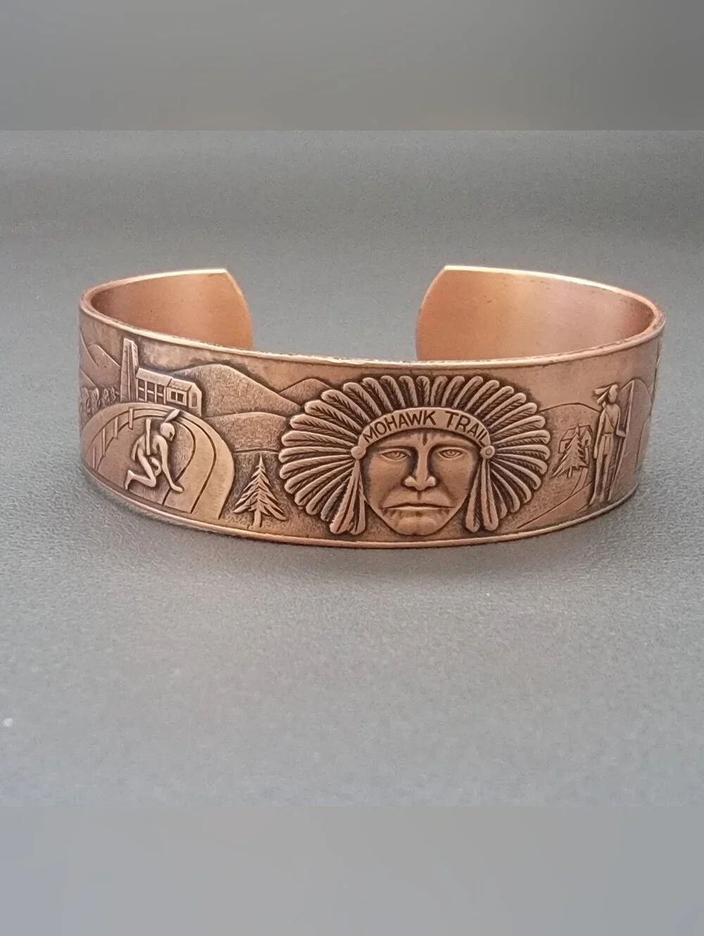 Vintage Solid Copper Mohawk Trail Scenic Cuff Bracelet Native American Mountain